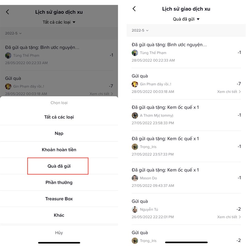Cách xem lịch sử xu đã tặng trên TikTok
