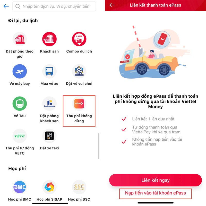 Cách nạp tiền vào ePass trên Viettel Money