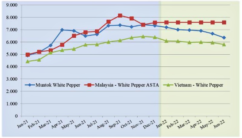 Giá FOB trung bình tiêu trắng 2021 - 2022 (đơn vị: USD/tấn)