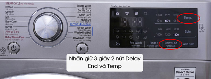 Nhấn đồng thời nút Temp và Delay End trong 3 giây để bật âm thanh