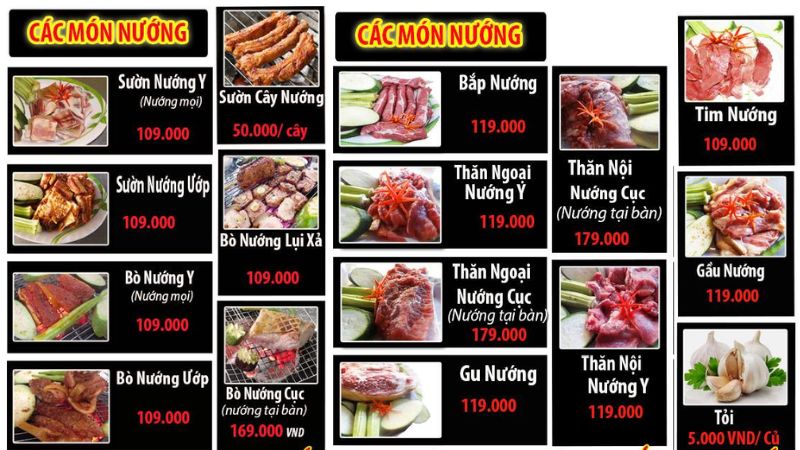 Menu quán Bò tơ Nhân Phát