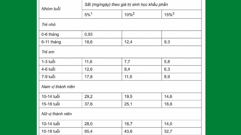 Nhu cầu sắt khuyến nghị hằng ngày cho người Việt Nam