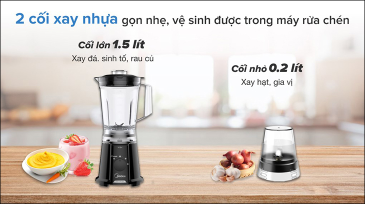Máy xay sinh tố Midea có 2 cối xay nhựa gọn nhẹ, vệ sinh được trong máy rửa chén