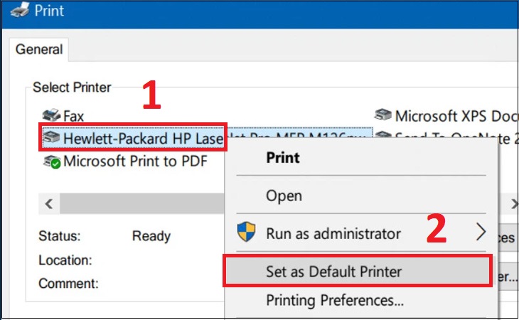 Nhấn chuột phải vào tên máy in muốn cài đặt làm mặc định và chọn tùy chọn Set as Default Printer trong menu