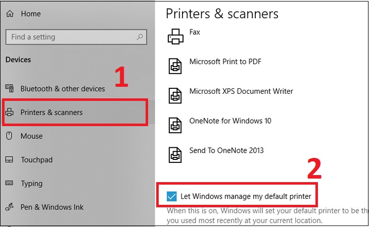 Bạn cuộn xuống cuối danh sách máy in và đảm bảo bỏ tùy chọn Let Windows manage my default printer.