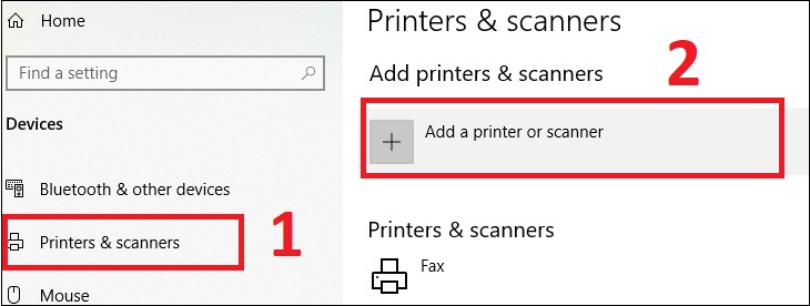 Bước 5: Nếu không thấy máy in được liệt kê trong danh sách, bấm nút Add a printer or scanner để thêm vào