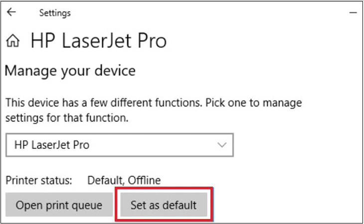 Bước 7: Bấm chọn nút Set as Default trong màn hình kế tiếp để thiết lập máy in đó làm máy in mặc định trên Windows 10