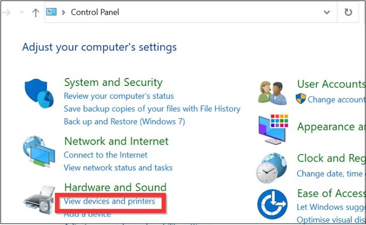 Bước 2: Kích chọn mục Devices and Printers trong cửa sổ Control Panel 