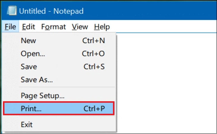 Bước 1: Mở Notepad trên Windows 10 và sau đó truy cập vào menu File > Nhấn chọn Print