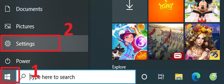 Bước 1: Truy cập vào menu Start và kích chọn nút Settings