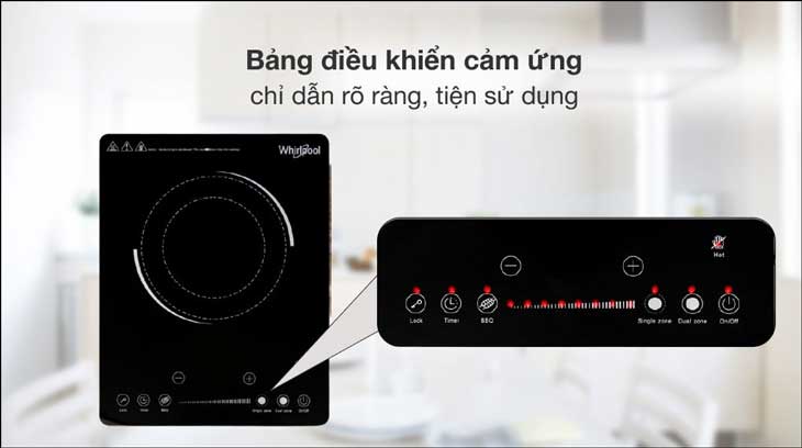 Bếp hồng ngoại Whirlpool ACT209/BLV sử dụng bảng điều khiển cảm ứng nhạy bén, dễ thao tác