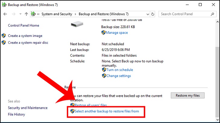 Chọn Select another Backup to Restore files from