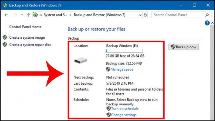 bạn có thể thấy thông tin của file Backup hiển thị trong mục Back up and Restore your files