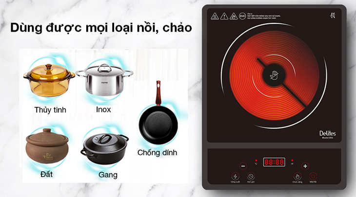 Bếp hồng ngoại Delites 853 sử dụng với mọi loại nồi, chảo
