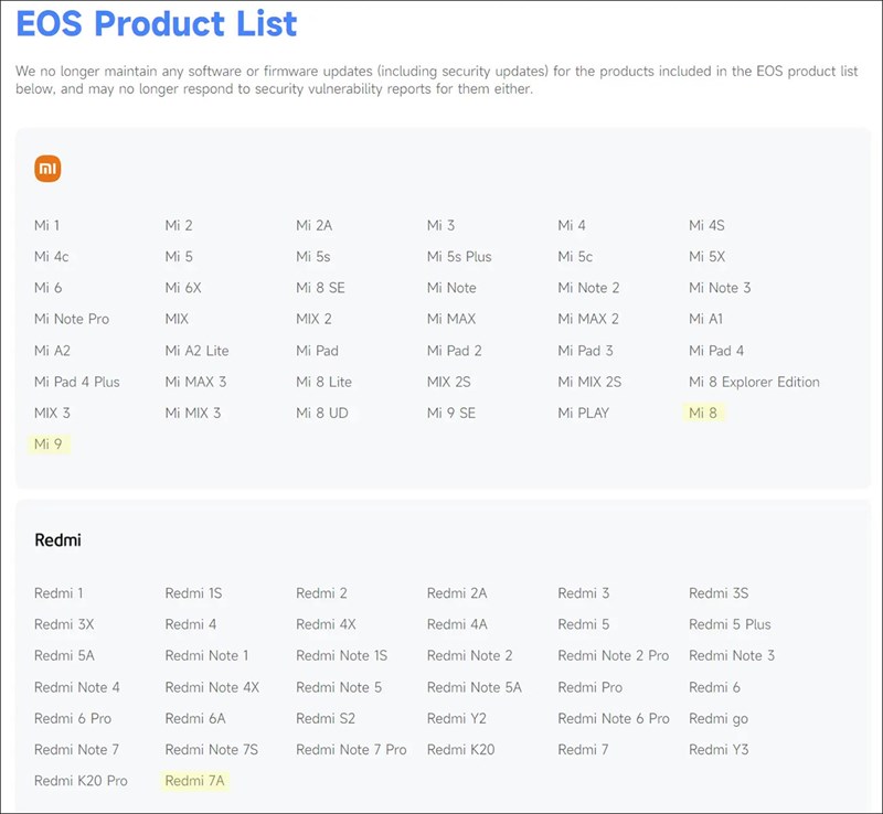 Xiaomi ngừng hỗ trợ phần mềm Mi 8, Mi 9 và Redmi 7A