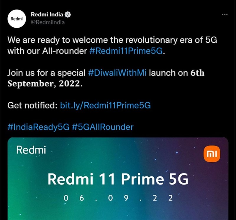Bài đăng xác nhận ngày ra mắt Redmi 11 Prime 5G 