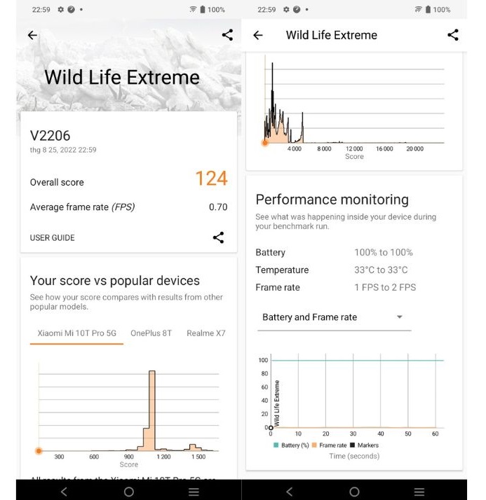 Kết quả bài test hiệu năng 3DMark Wild Life Extreme trên Vivo Y22s. Kết quả bài test hiệu năng 3DMark Wild Life Extreme trên Vivo Y22s.