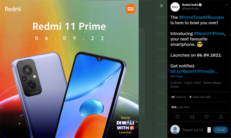 Tweet thông báo ra mắt Redmi 11 Prime 4G