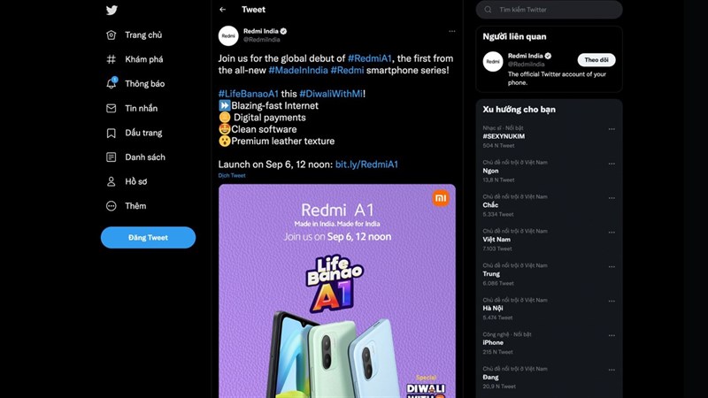 Trang Twitter chính thức của Redmi đăng tải về sản phẩm mới