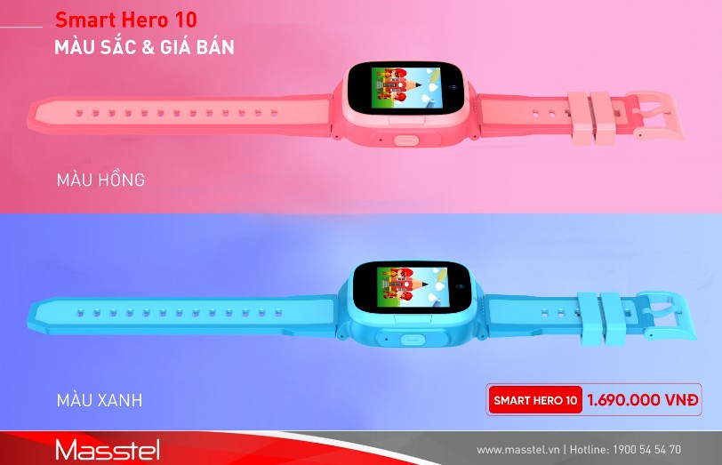 Đồng hồ Masstel Super Hero 10 sở hữu 2 màu hồng và xanh cá tính.