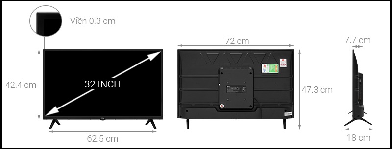 Kích thước tivi 32 inch