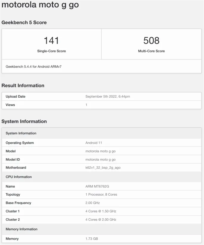 Moto G Go thông số trên Geekbench Moto G Go thông số trên Geekbench