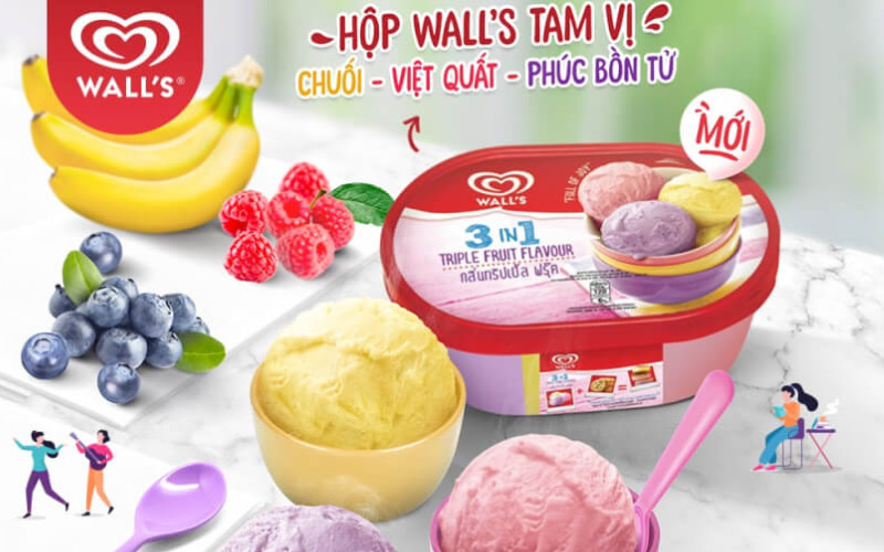 Kem hộp chuối, việt quất và phúc bồn tử Wall's 3in1 Kem hộp chuối, việt quất và phúc bồn tử Wall's 3in1