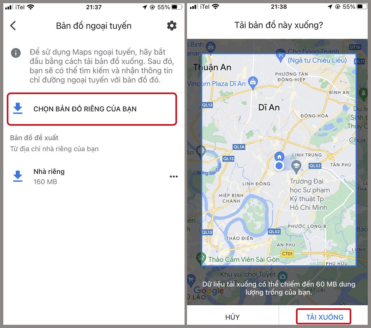 Chọn vùng bản đồ cần tải