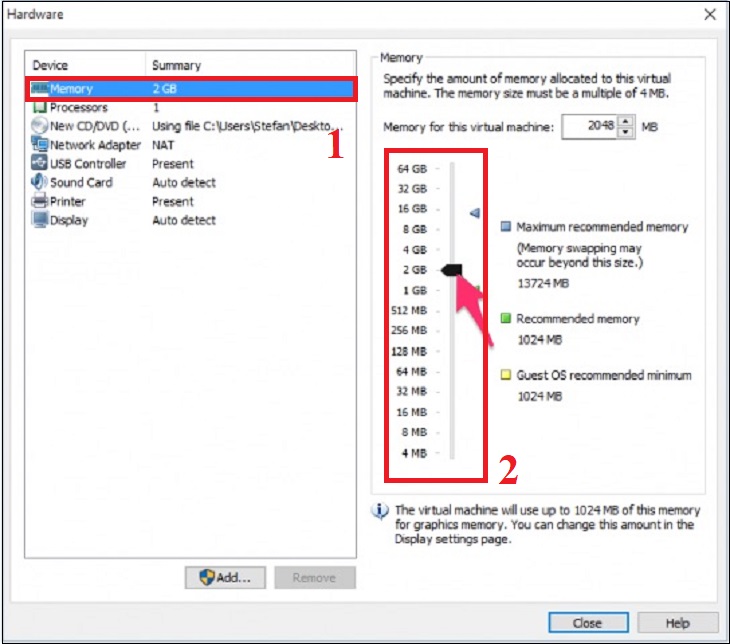 bạn hãy lựa chọn bộ nhớ mà bạn muốn tăng hoặc giảm dung lượng RAM cho máy ảo