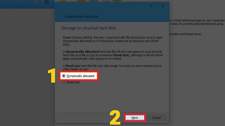 Sau đó, bạn hãy chọn định dạng VDI cho ổ cứng ảo > Bấm Next.