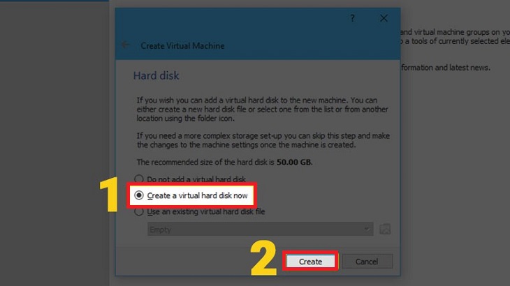 Cuối cùng, bạn hãy chọn vị trí lưu ổ cứng ảo sau đó thiết lập dung lượng > Chọn Create.