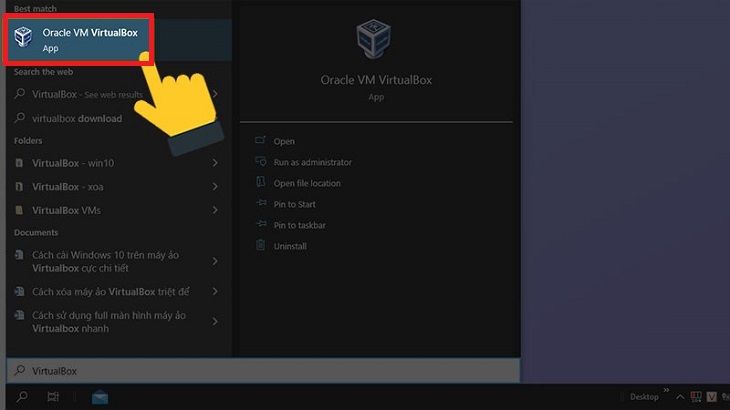 Nhấp đúp chuột vào mục tìm kiếm > Nhập VirtualBox > Chọn Oracle VM VirtualBox.