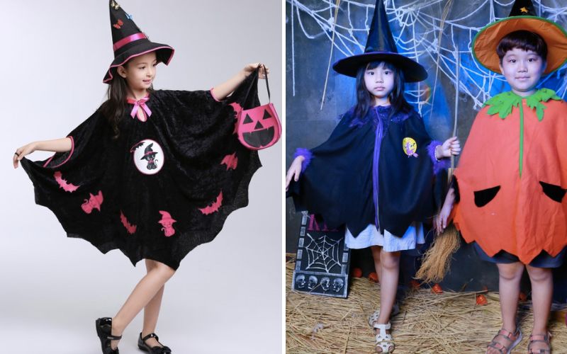 Hình thật, video thật] Hóa trang Halloween Set 2 chi tiết Áo choàng CÁNH  DƠI và mũ hóa trang phù thủy cho bé gái | Shopee Việt Nam