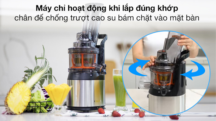 Máy ép chậm Kalite KL-565 tích hợp tính năng chỉ hoạt động khi lắp đúng khớp và chân đế chống trượt