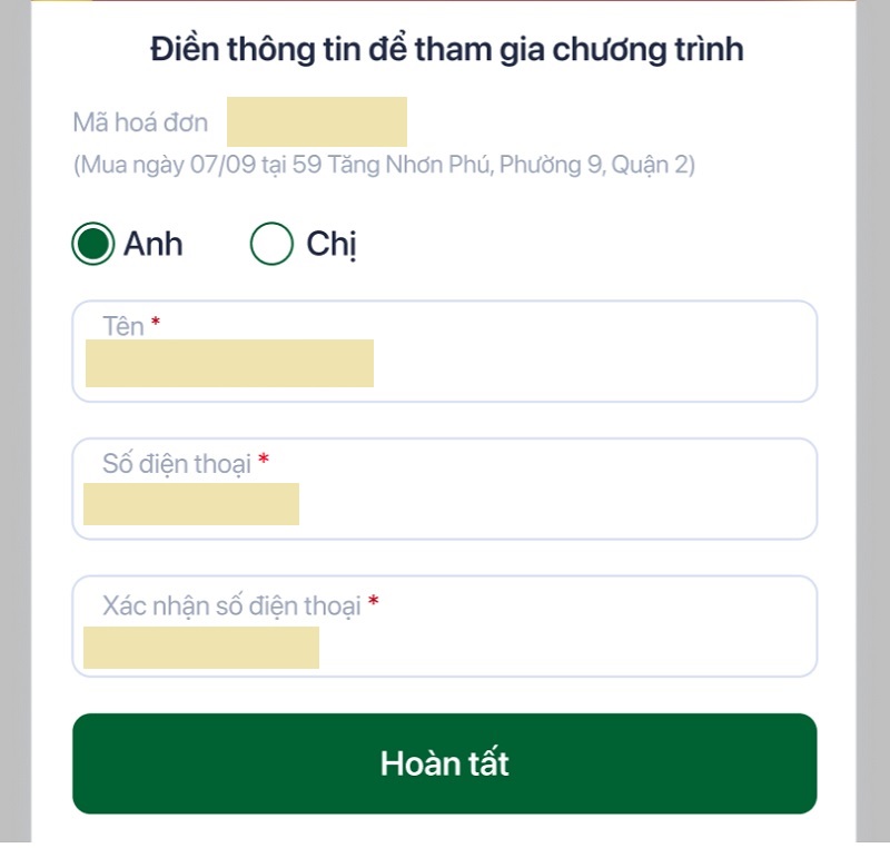 Điền thông tin theo các mục để nhận mã rút thăm và mở quà