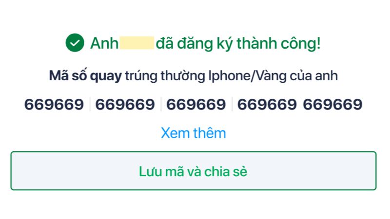 Giao diện khi đăng ký thành công và hiển thị mã rút thăm trúng thưởng