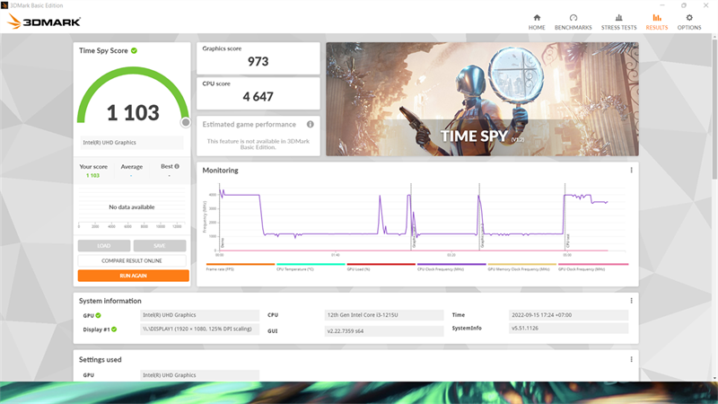 Điểm 3DMark của Acer Aspire 3 A315 2022.