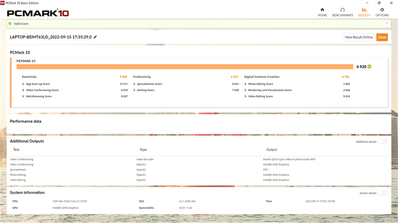 Điểm PCMark 10 của Acer Aspire 3 A315 2022.