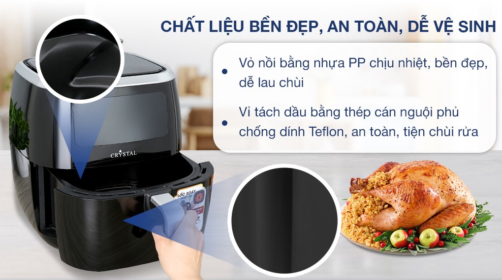 Nồi chiên không dầu Crystal AF7002A-N 6.8 lít vừa chiên nướng vừa phun sương tạo ẩm giúp món chiên rán không bị khô, vẫn giữ được độ thơm mềm của thực phẩm