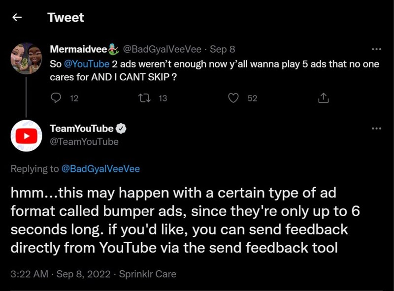 Bài đăng trả lời của tài khoản Team YouTube trên Twitter Bài đăng trả lời của tài khoản Team YouTube trên Twitter