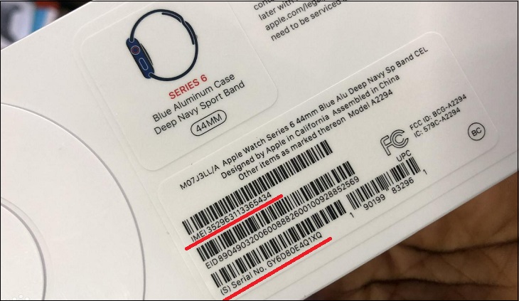 Số iMei và số Serial Apple Watch cũng được in trên hộp sản phẩm