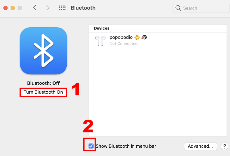 Bạn bật Bluetooth lên và chọn vào ô Show Bluetooth in menu bar