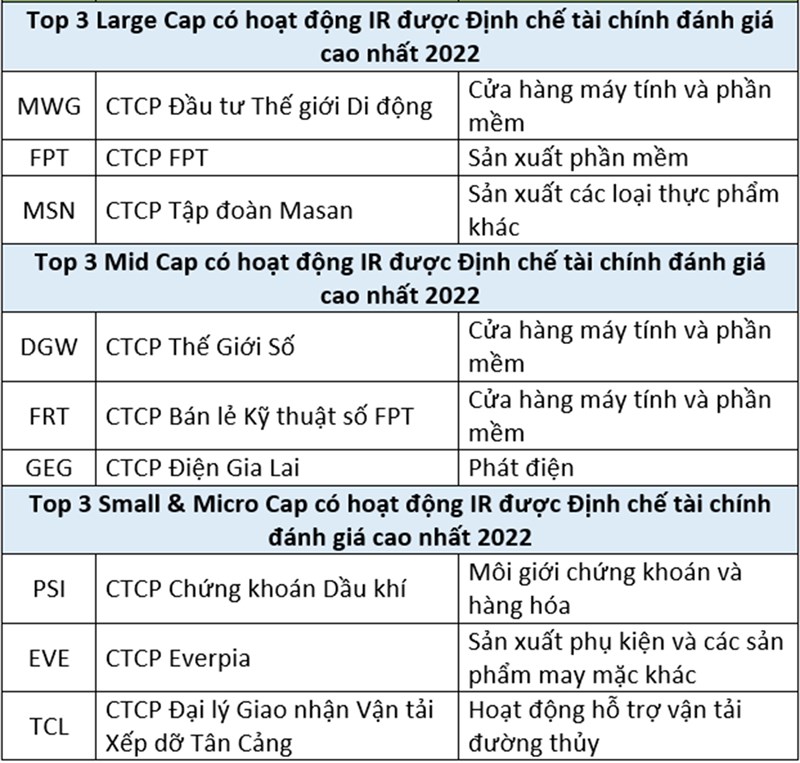TGDĐ lọt Top 3 Large Cap có hoạt động IR được Định chế tài chính đánh giá cao nhất 2022 TGDĐ lọt Top 3 Large Cap có hoạt động IR được Định chế tài chính đánh giá cao nhất 2022