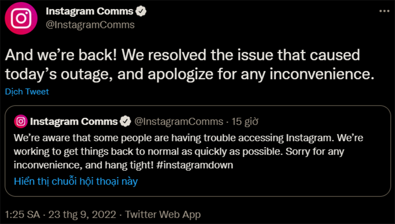 Instagram đã ghi nhận sự cố và đưa ra khắc phục nhanh chóng - Ảnh: Twitter Instagram