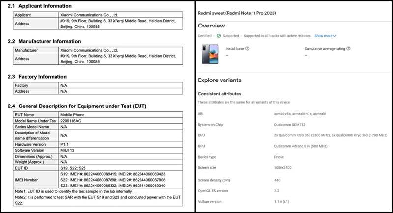 Redmi Note 11 Pro 2023 xuất hiện trên FCC và Google Play Console