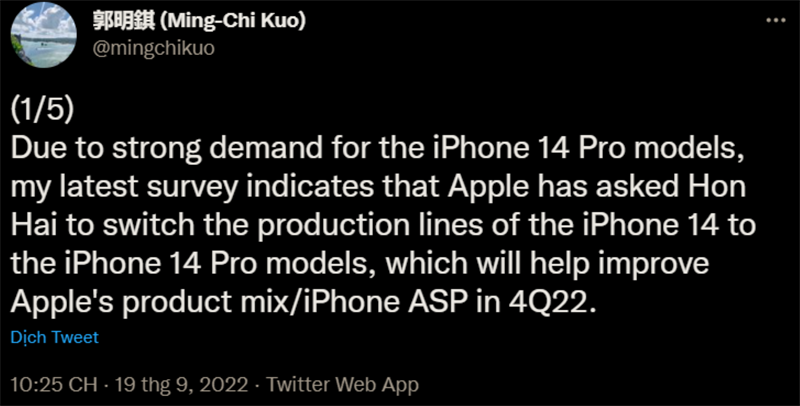Tweet của ông Ming-Chi Kuo
