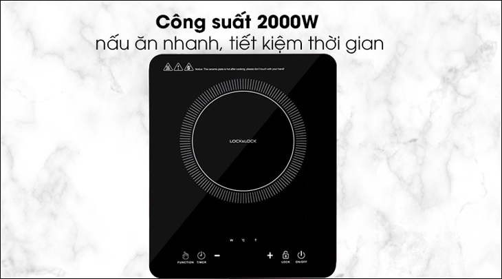Bếp điện từ Lock&Lock EJI411 có công suất 2000W, giúp tiết kiệm thời gian nấu nướng