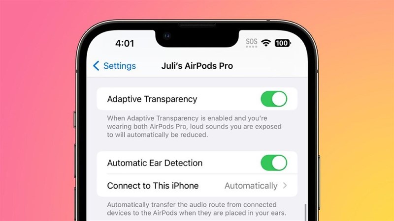 Tính năng Adaptive Transparency trong phần cài đặt của AirPods Pro Gen 2