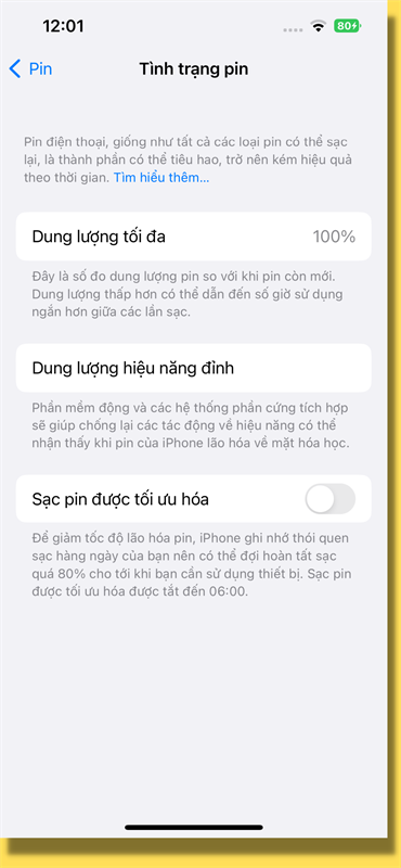 Tình trạng pin iPhone 13 của mình sau 1 năm sử dụng vẫn đạt mức 100%.