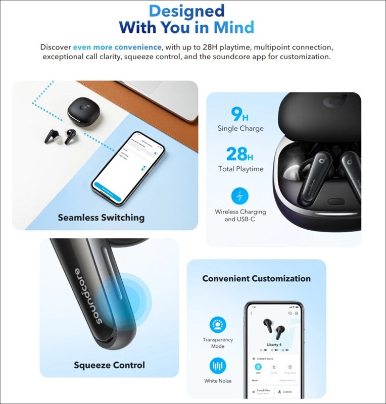Thời lượng pin cùng các tính năng nổi bật khác của Soundcore Liberty 4 Thời lượng pin cùng các tính năng nổi bật khác của Soundcore Liberty 4